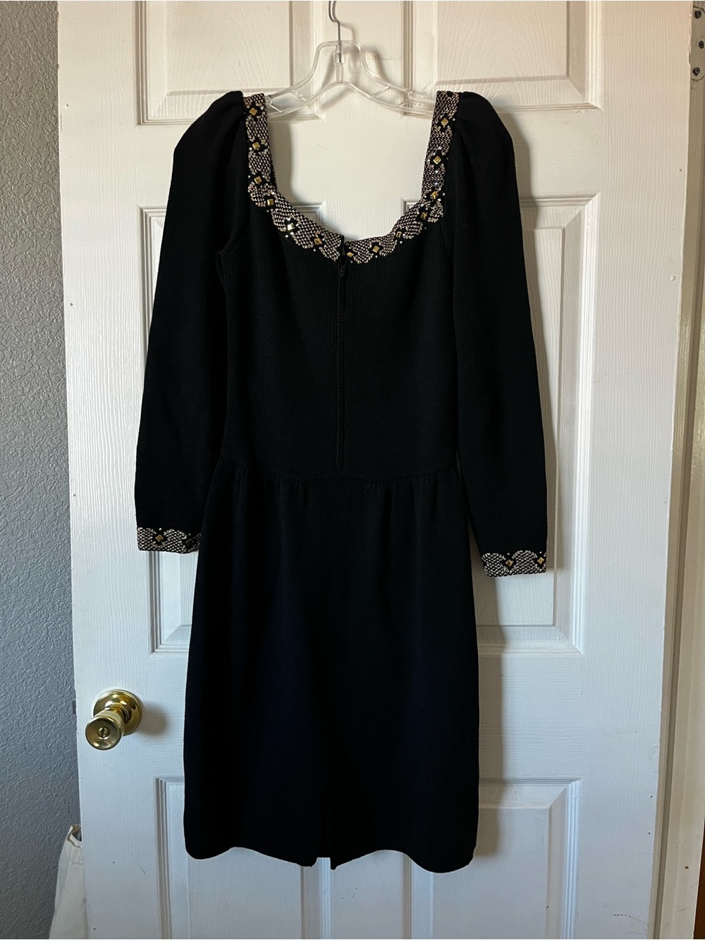 St. John Evening Black Long Sleeve Scoop Neck Dress with Metallic Bead Trim - Picture 5 of 7